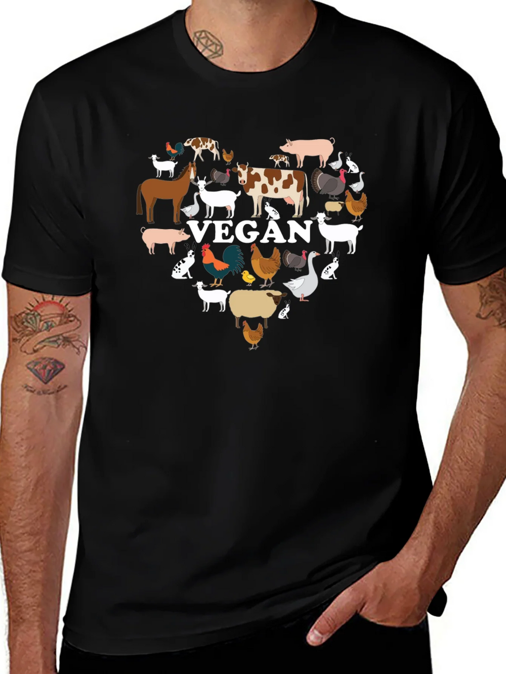 Vegan Animal Heart T-Shirt -  Black Crew Neck