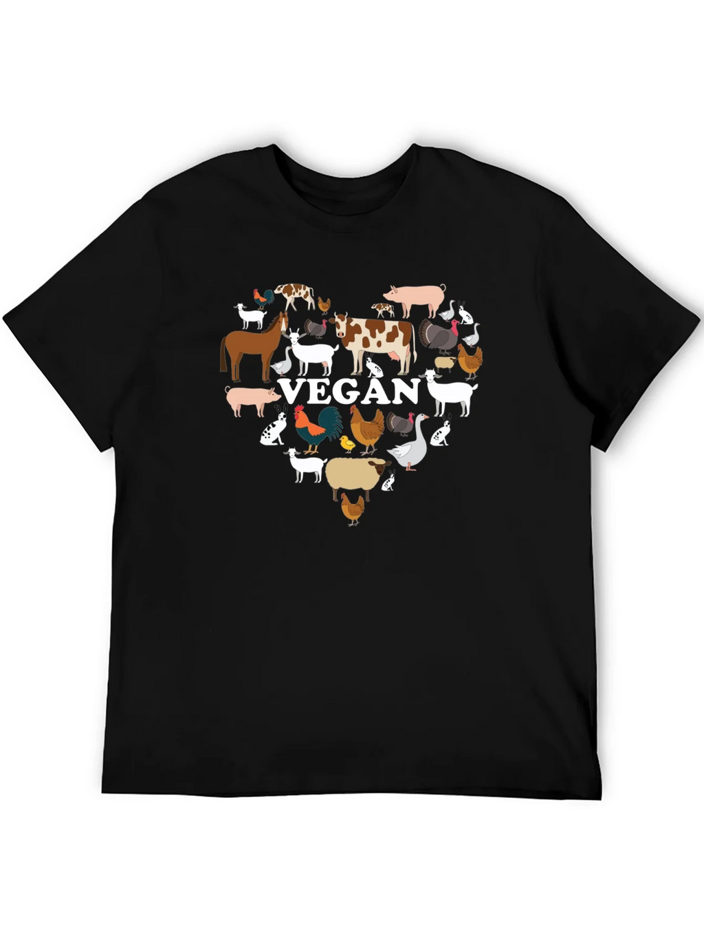 Vegan Animal Heart T-Shirt -  Black Crew Neck