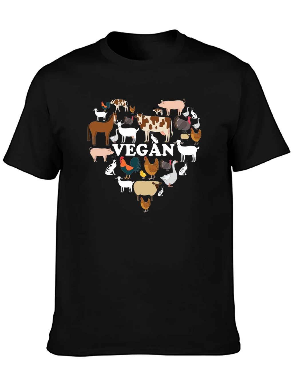 Vegan Animal Heart T-Shirt -  Black Crew Neck