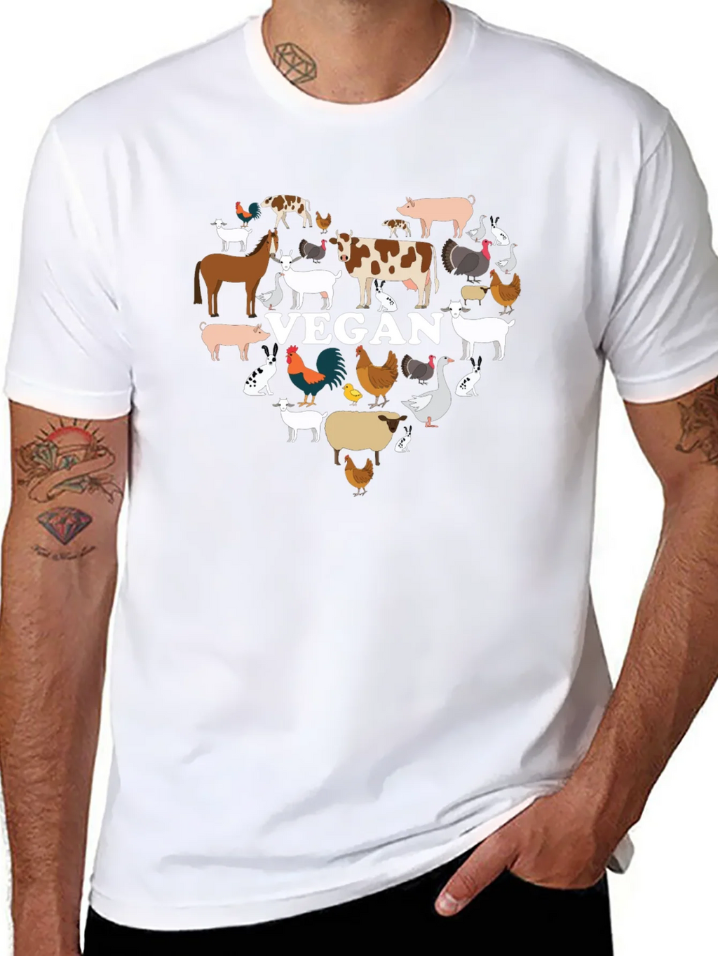 Vegan Animal Heart T-Shirt -  Black Crew Neck