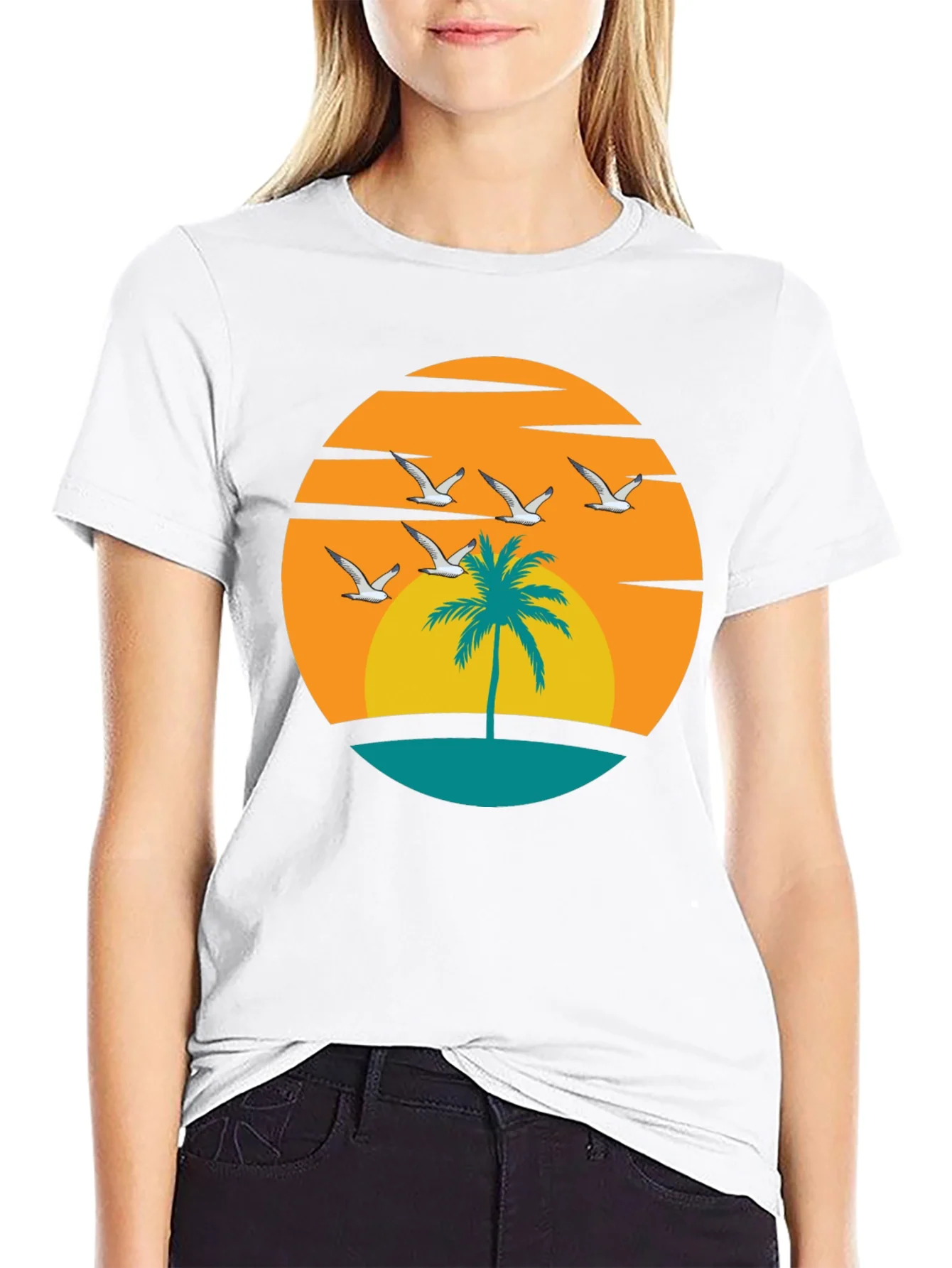 Sunset Palm Tree Graphic Tee - Black