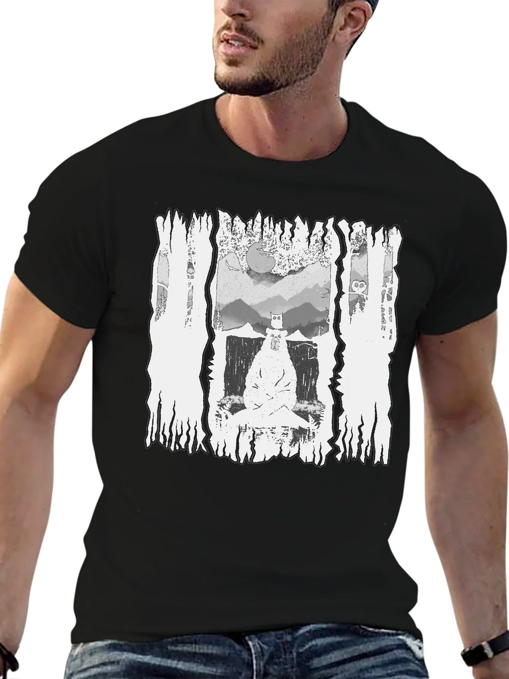 Monochrome Bear Graphic Tee - Mens Black T-Shirt