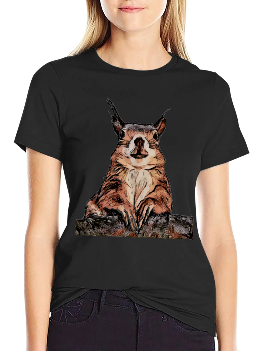 Squirrel Graphic Tee - Black Cotton T-Shirt