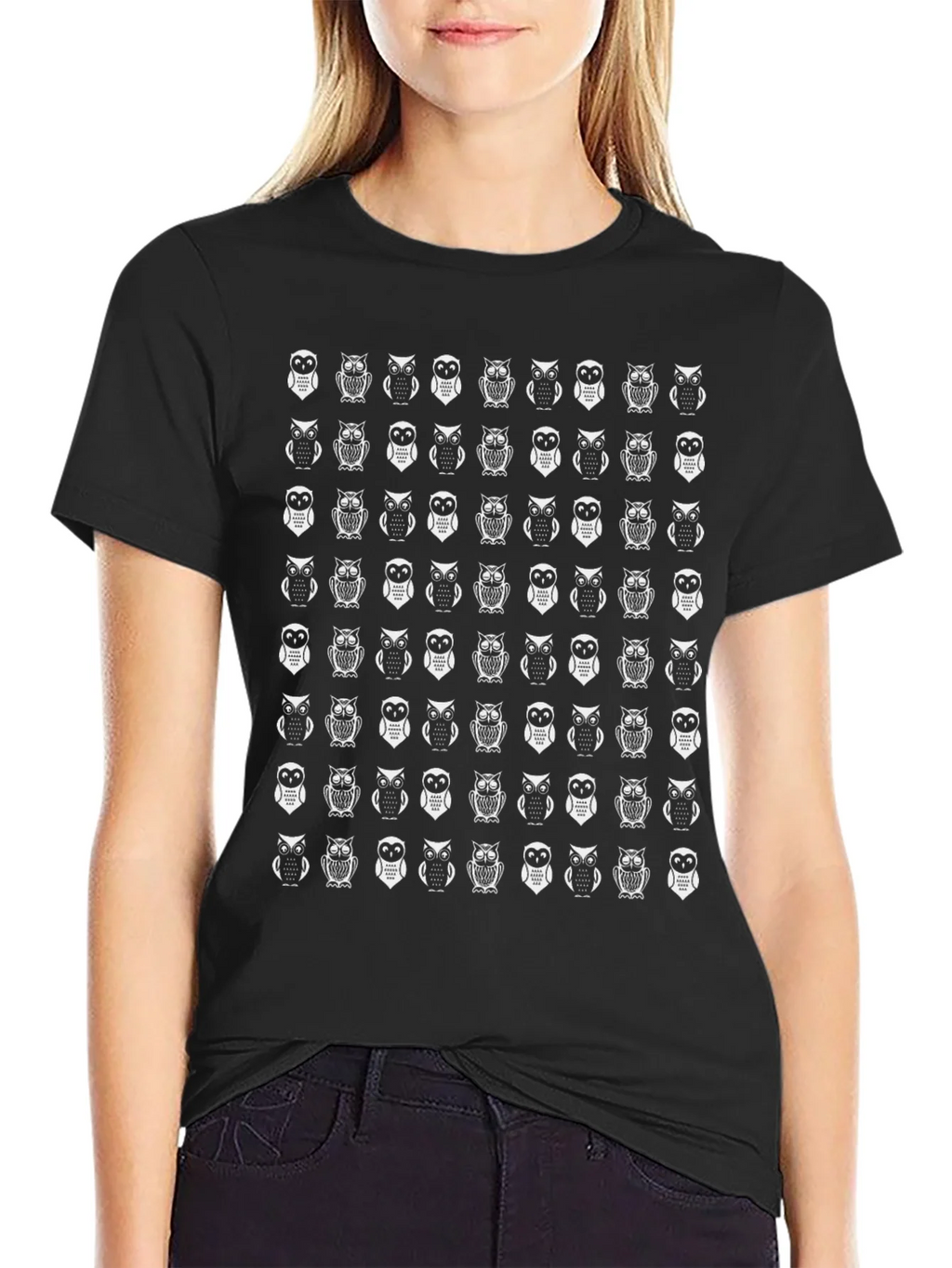 Owl Pattern Black T-Shirt