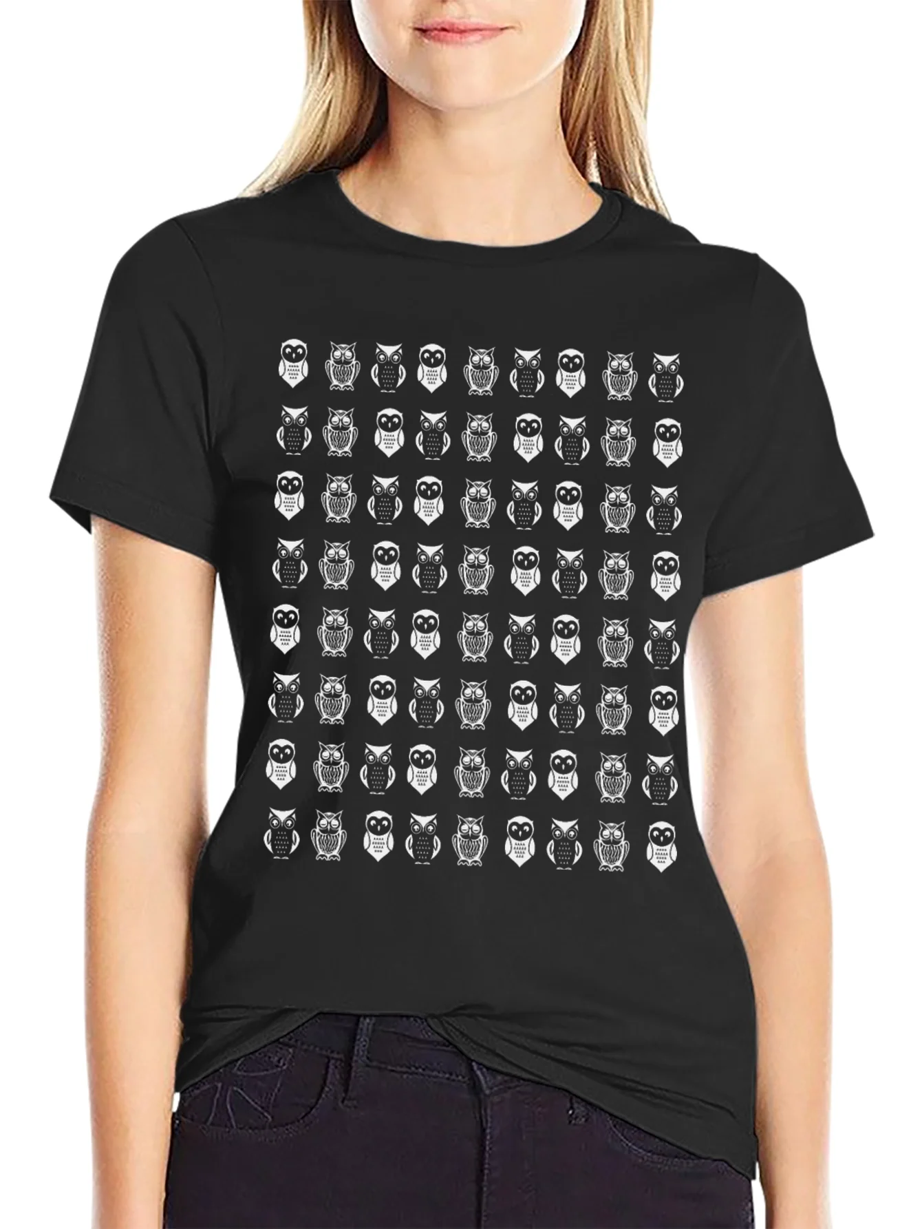 Owl Pattern Black T-Shirt
