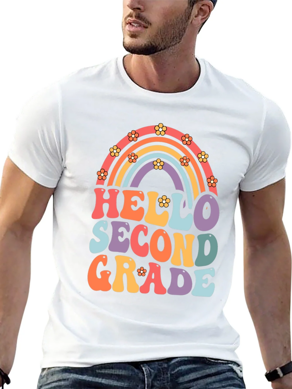 Hello Second Grade Retro Rainbow Shirt