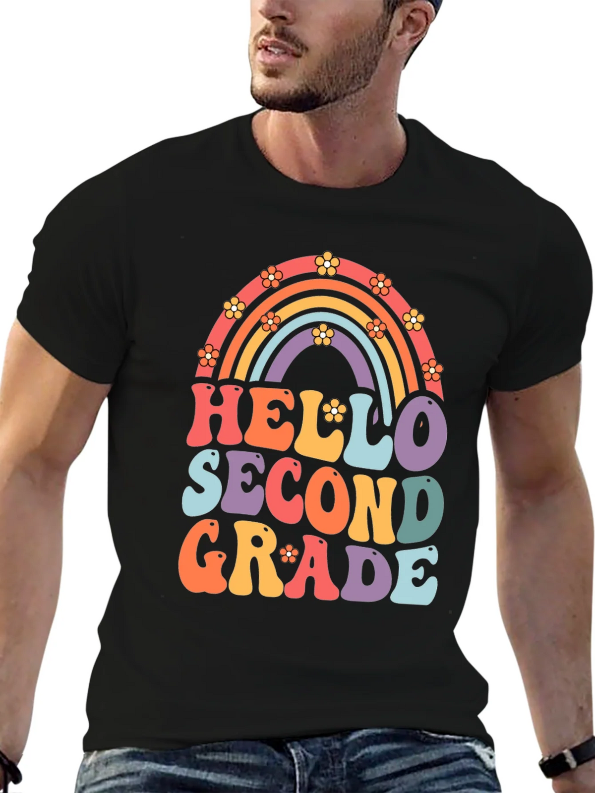 Hello Second Grade Retro Rainbow Shirt