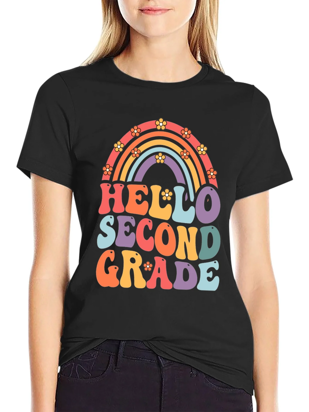 Hello Second Grade Retro Rainbow Shirt